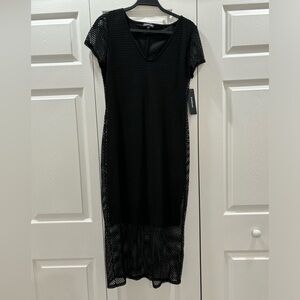 bebe black cap sleeve fishnet dress